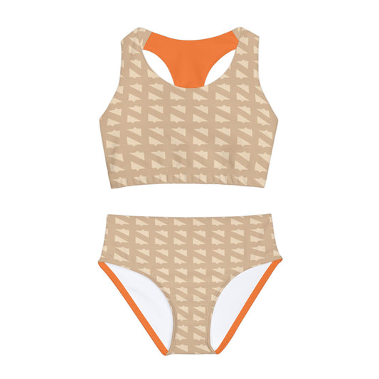 N's Tooth Girls Two Piece Swimsuit (Camel/Orange) (AOP)